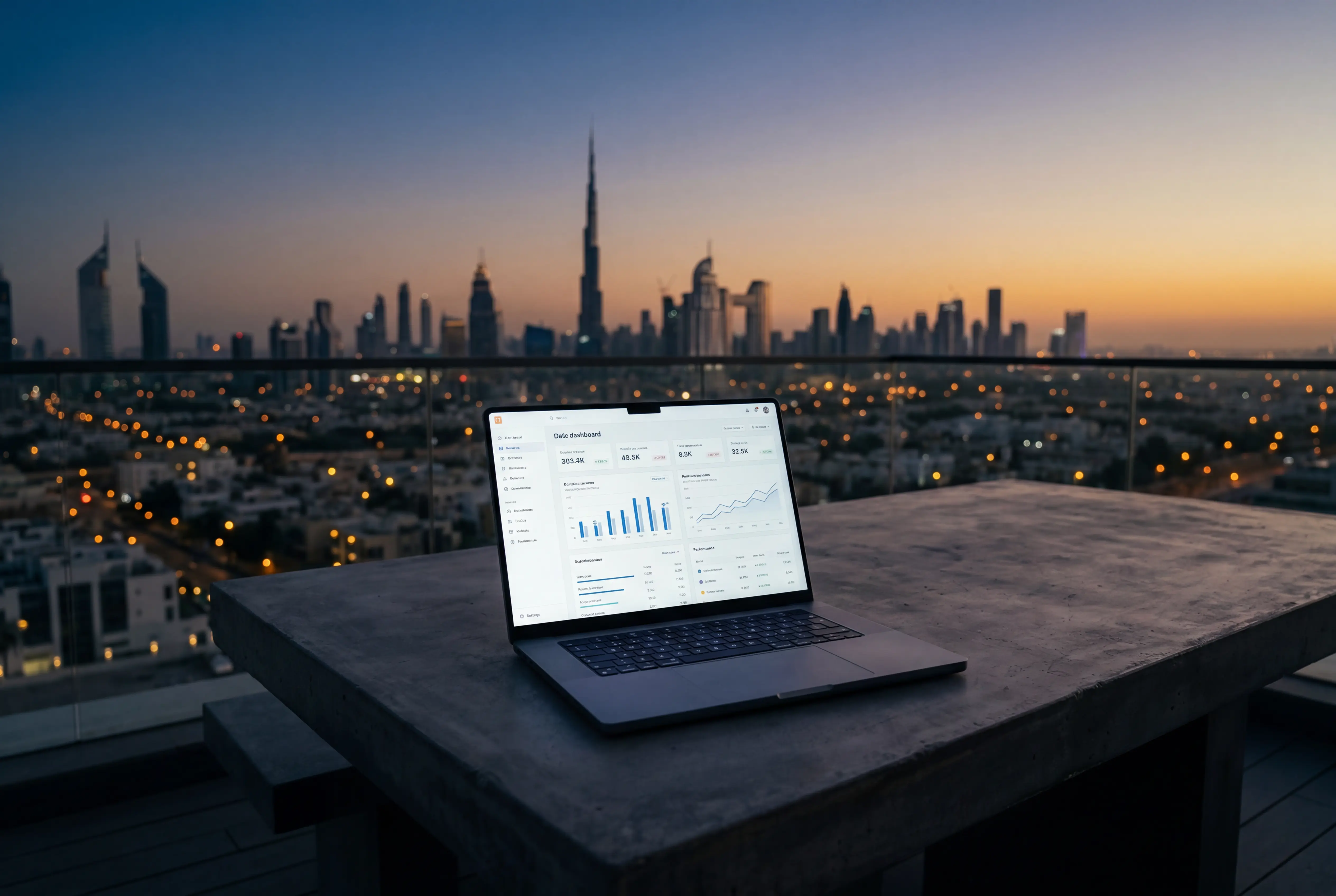 Aerial view of a Dubai rooftop terrace at dusk with a laptop showing a reconciliation dashboard